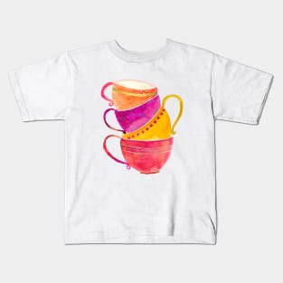 Pink, orange and yellow stacked tea cups Kids T-Shirt